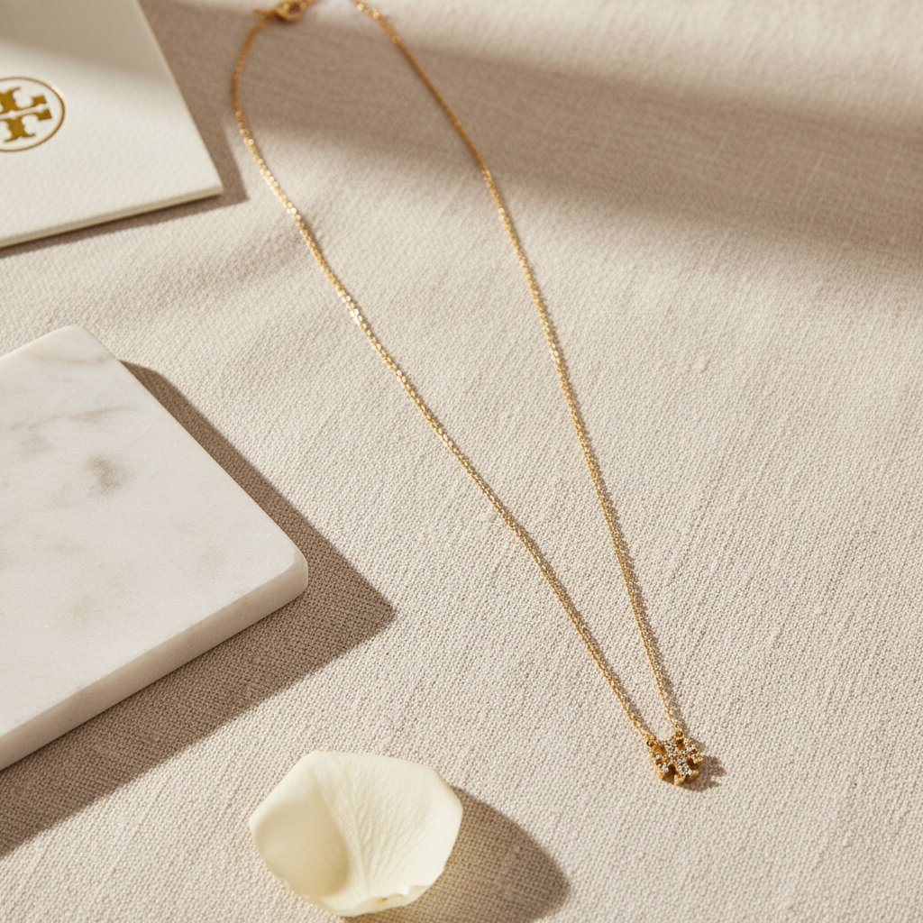 Tory Burch Kira Pavé Logo Delicate Necklace - Cream Linen Flat Lay