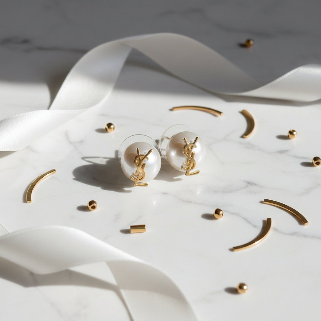 YSL Pearl Logo Stud Earrings - Marble Flat Lay