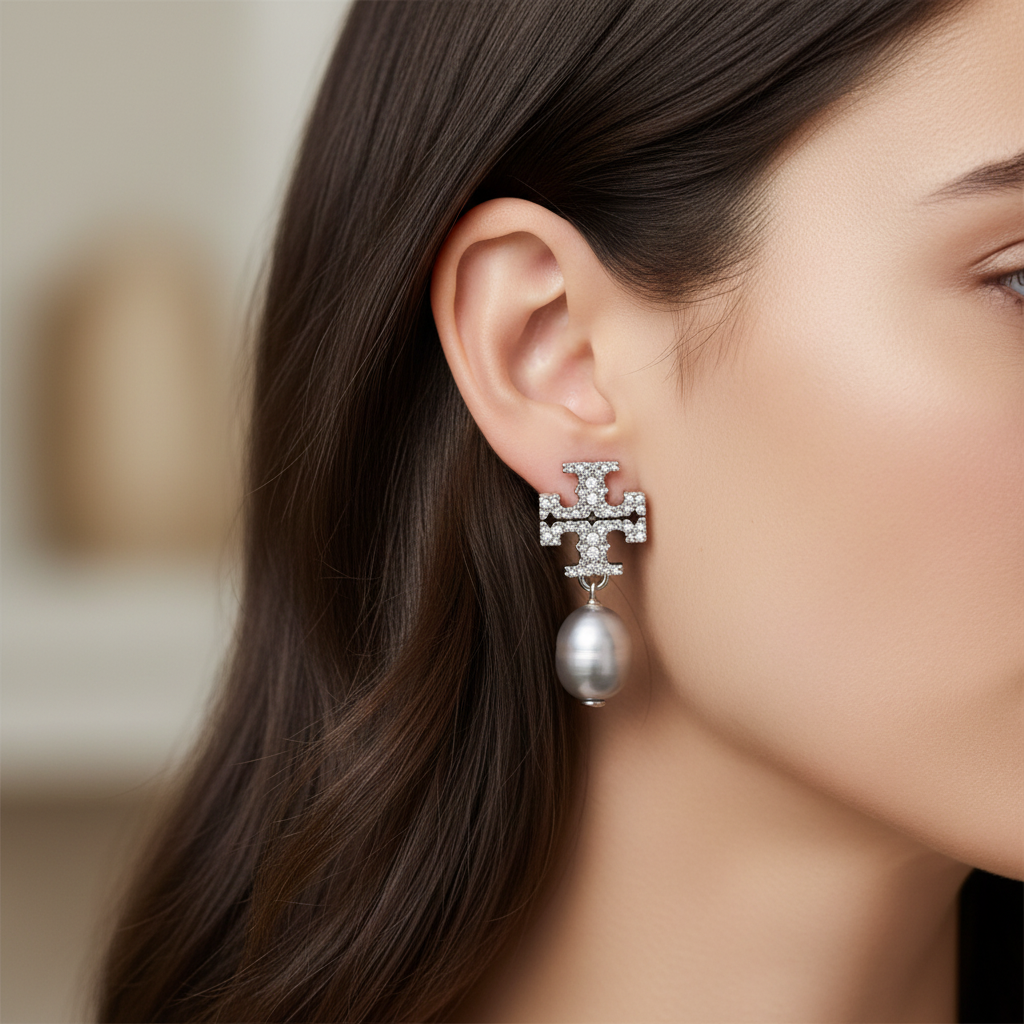 Tory Burch Kira Pavé Pearl gray drop earrings worn on ear