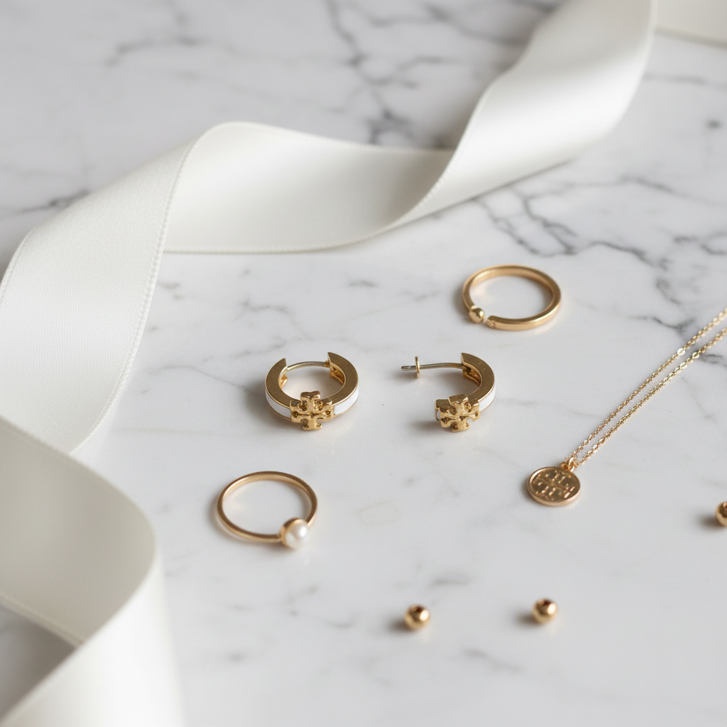 Tory Burch Icon White Enamel and Gold Huggie Earrings - marble flat lay with white ribbon