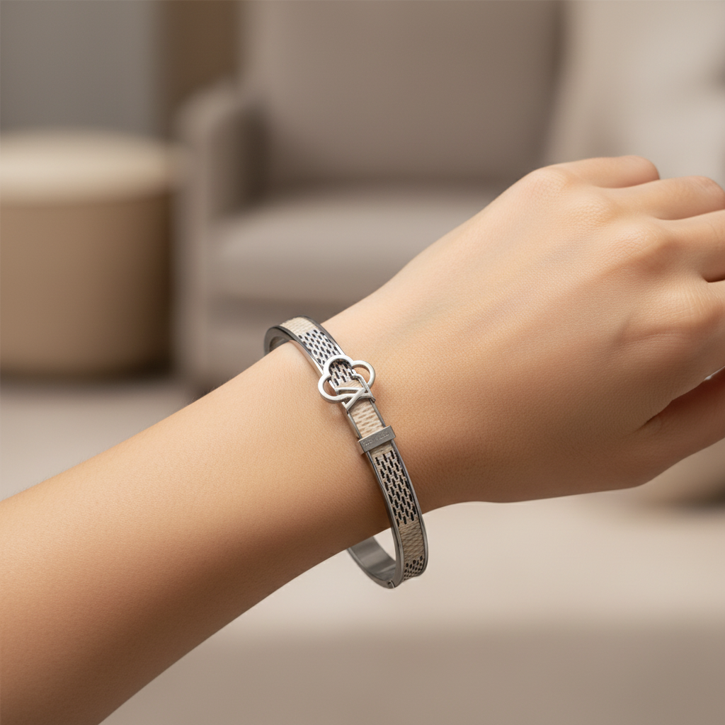 LV Damier Azur silver bangle bracelet worn on wrist