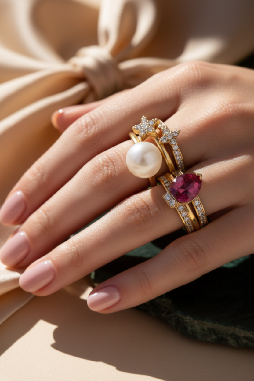 Kate Spade Light Up the Room Stackable Ring Set stacked on hand lifestyle shot