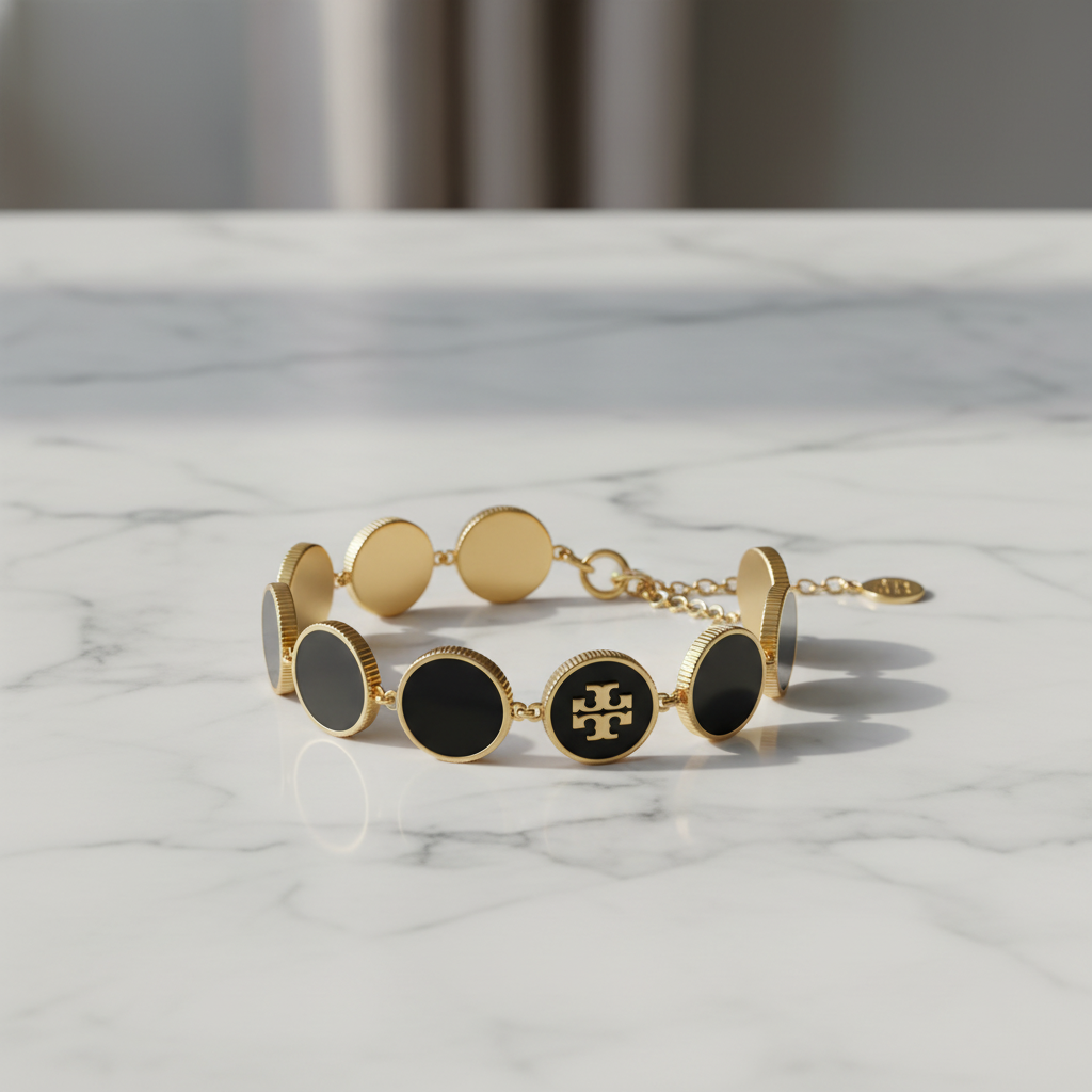 Tory Burch Black Enamel Circle Bracelet on marble surface, editorial lifestyle shot