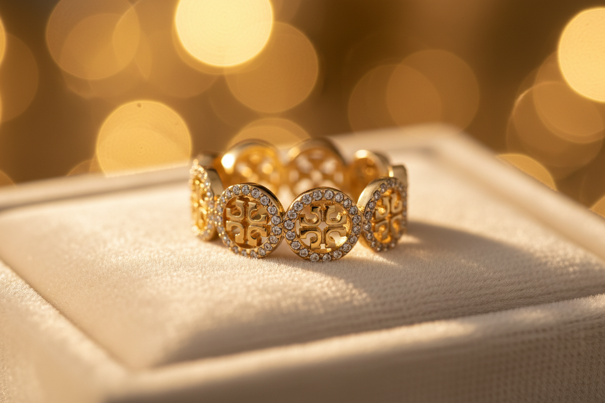 Tory Burch Miller Pavé Ring velvet tray close-up