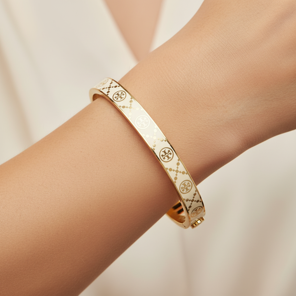 Tory Burch Icon T Monogram Hinge Bracelet wrist close-up