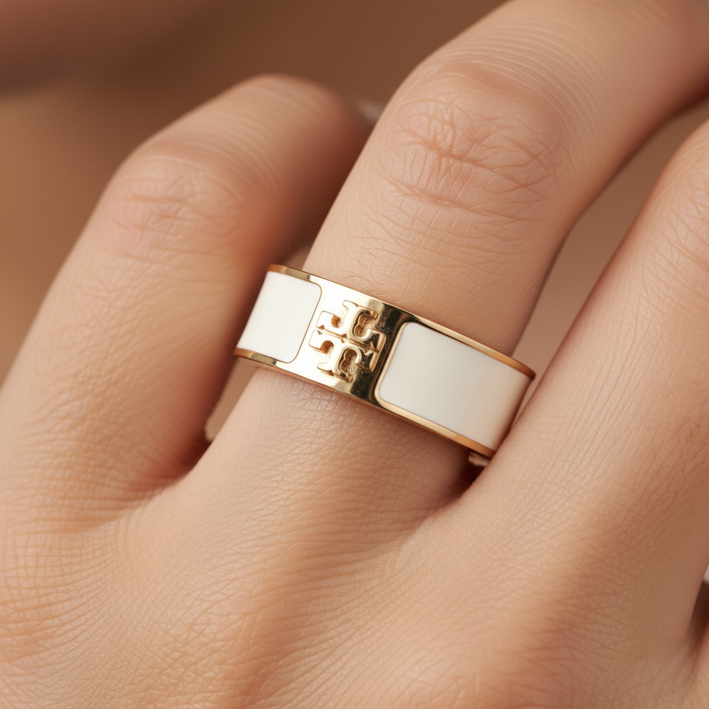 Tory Burch White Enamel TT Band Ring finger close-up