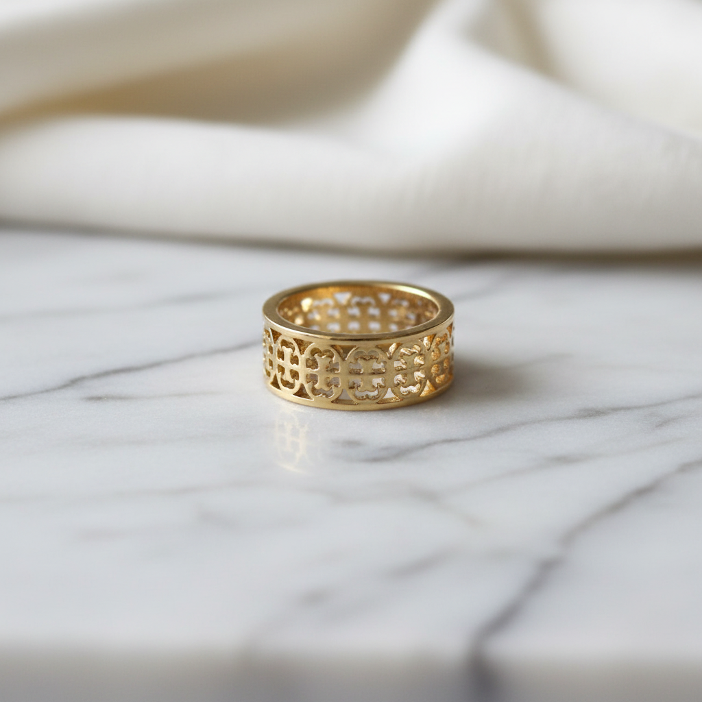 Tory Burch Kinsley Logo Band Ring - marble surface