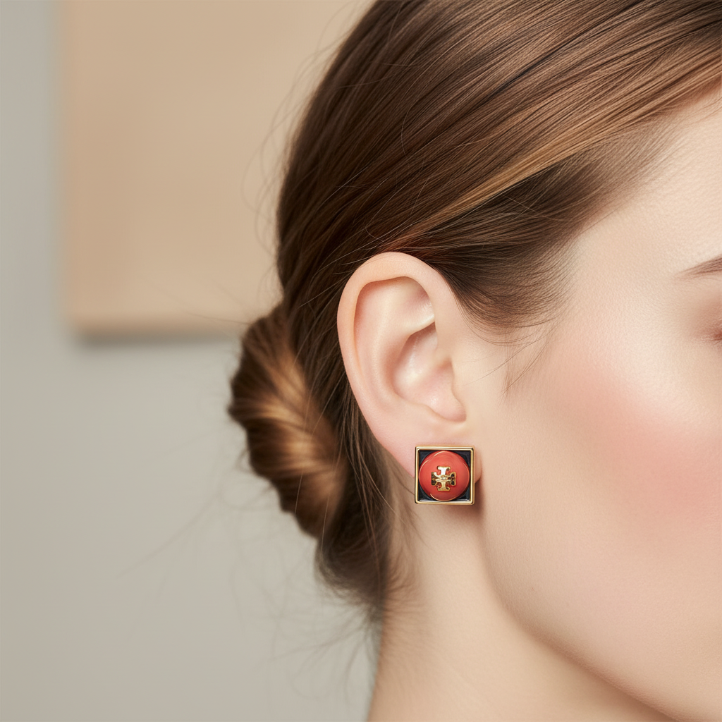 Tory Burch Kira Coral Stud Earrings - Worn on model's ear