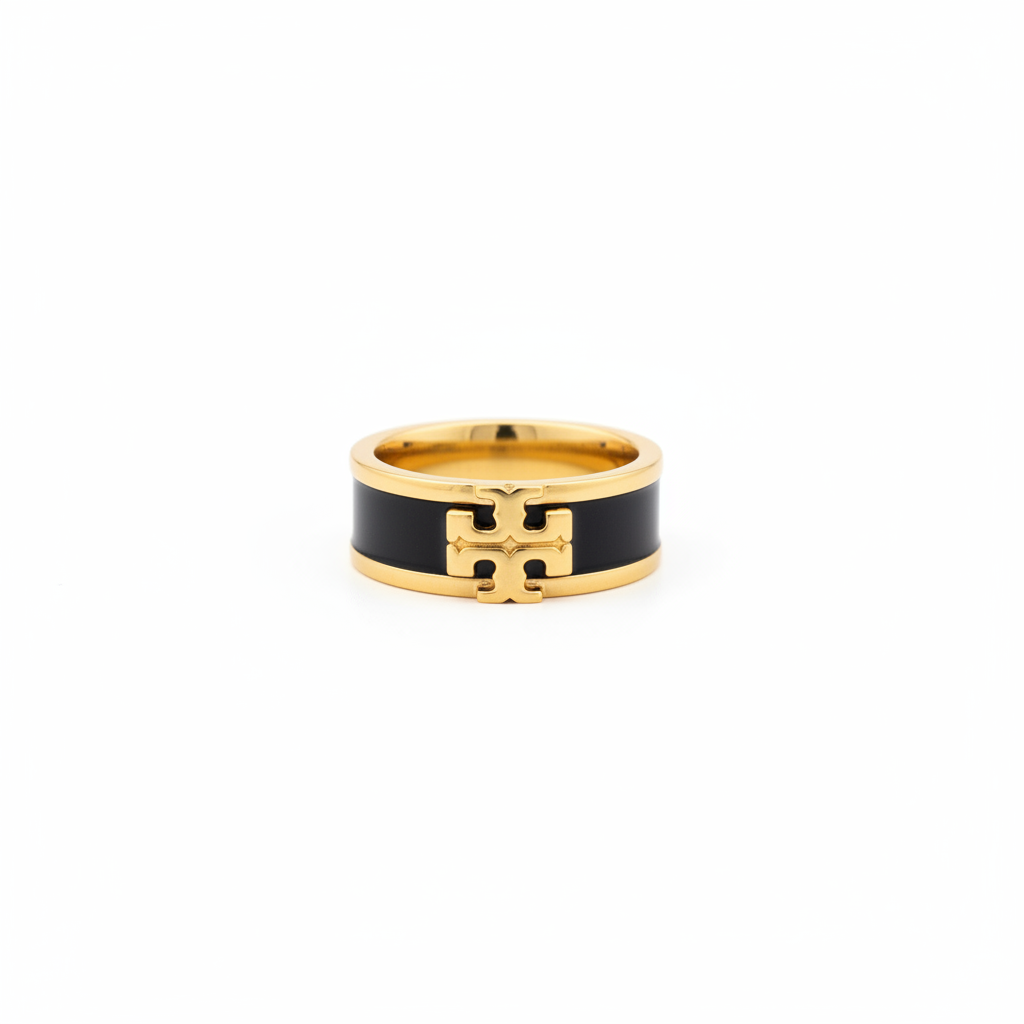 Tory Burch Kira Black & Gold Enamel Ring - white background