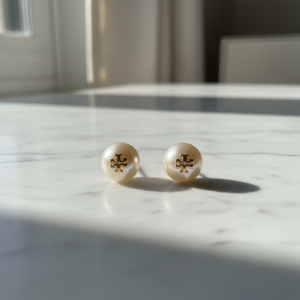 Tory Burch Kira White Pearl Stud Earrings on marble surface, editorial lifestyle shot