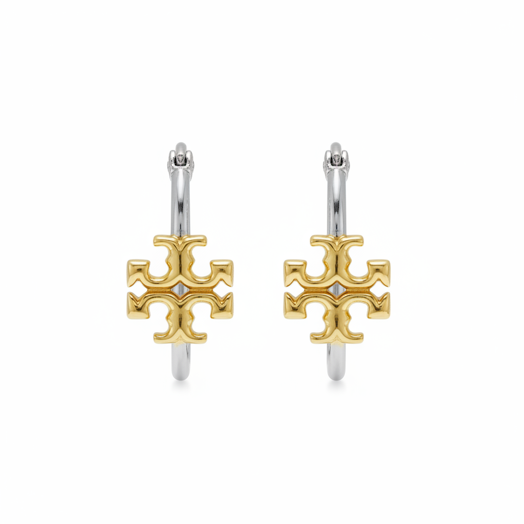 Tory Burch Eleanor Two-Tone Small Logo Hoop Earrings - Clean Product Shot