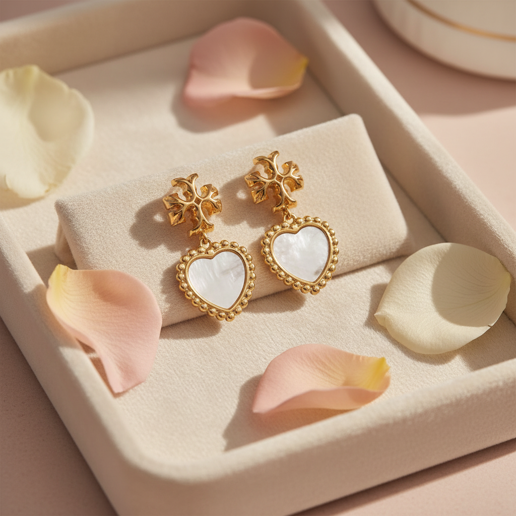 Tory Burch Roxanne Heart Drop Mother of Pearl Earrings - cream velvet tray with rose petals