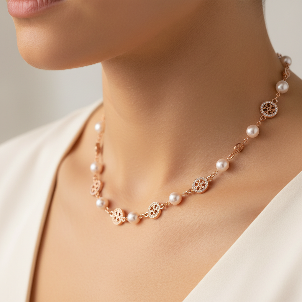 Tory Burch Miller Pavé pearl necklace collarbone close-up
