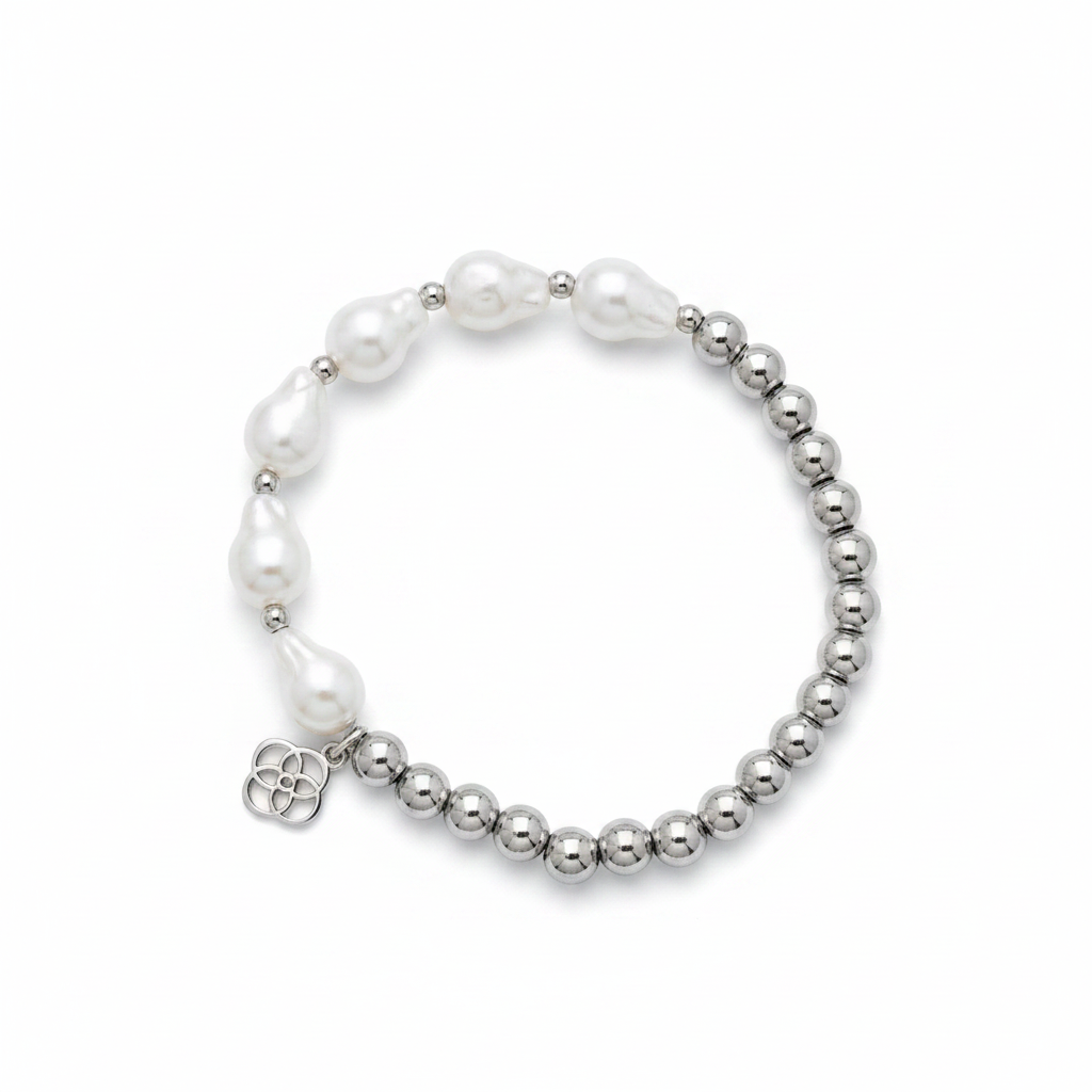 Kendra Scott Silver Stretch Metallic Bead and Baroque Pearl Bracelet - clean product shot