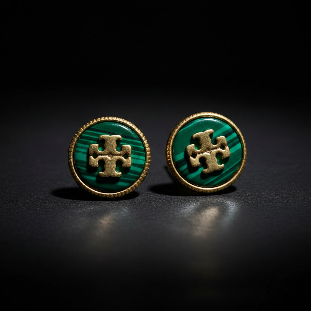 Tory Burch Malachite Stud Earrings moody close-up detail shot