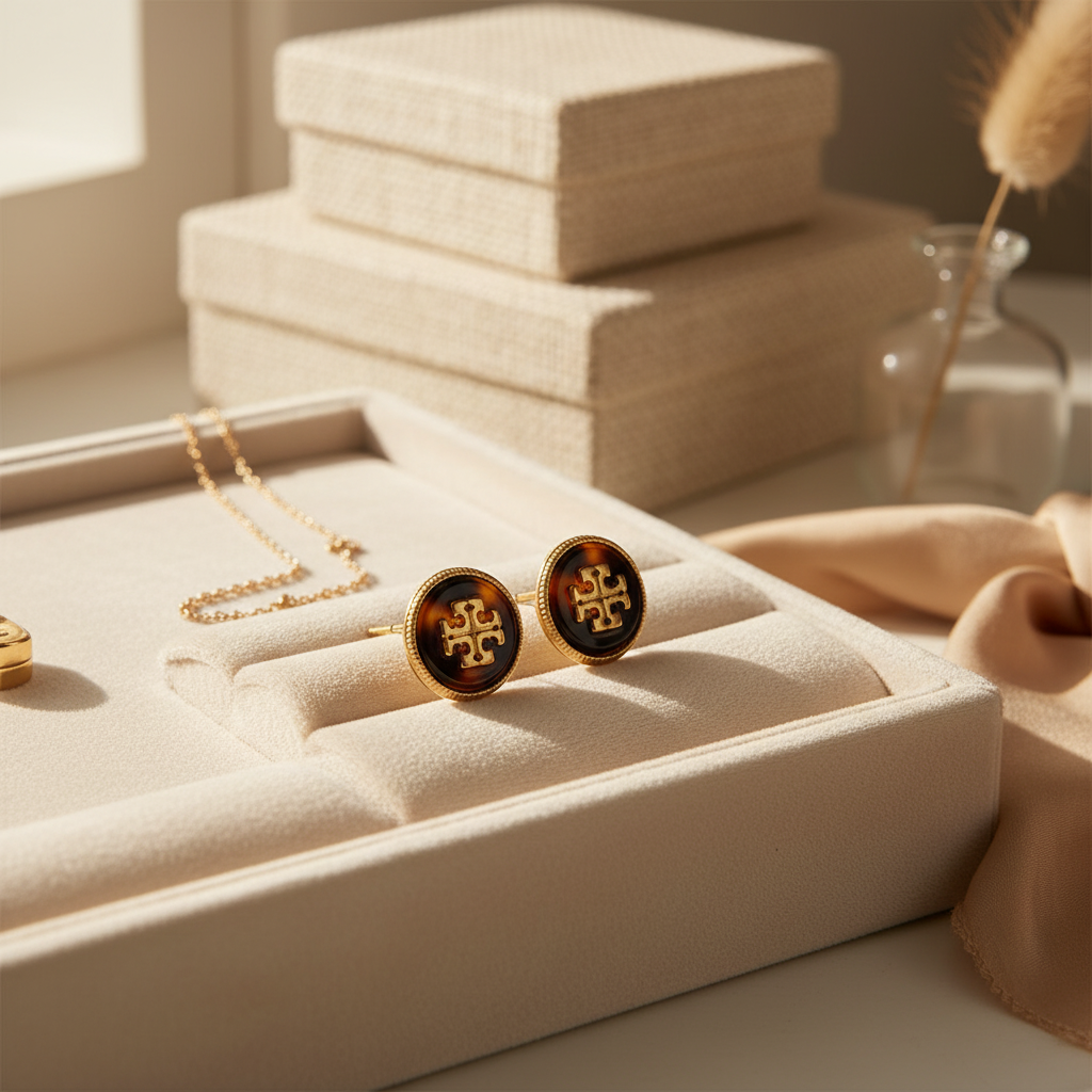 Tory Burch Kira Enamel Stud Earrings Tortoiseshell Gold on cream velvet tray
