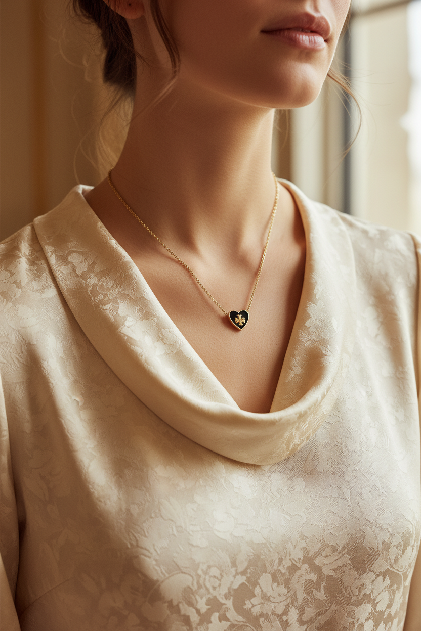 Tory Burch Kira black enamel heart necklace worn on neck
