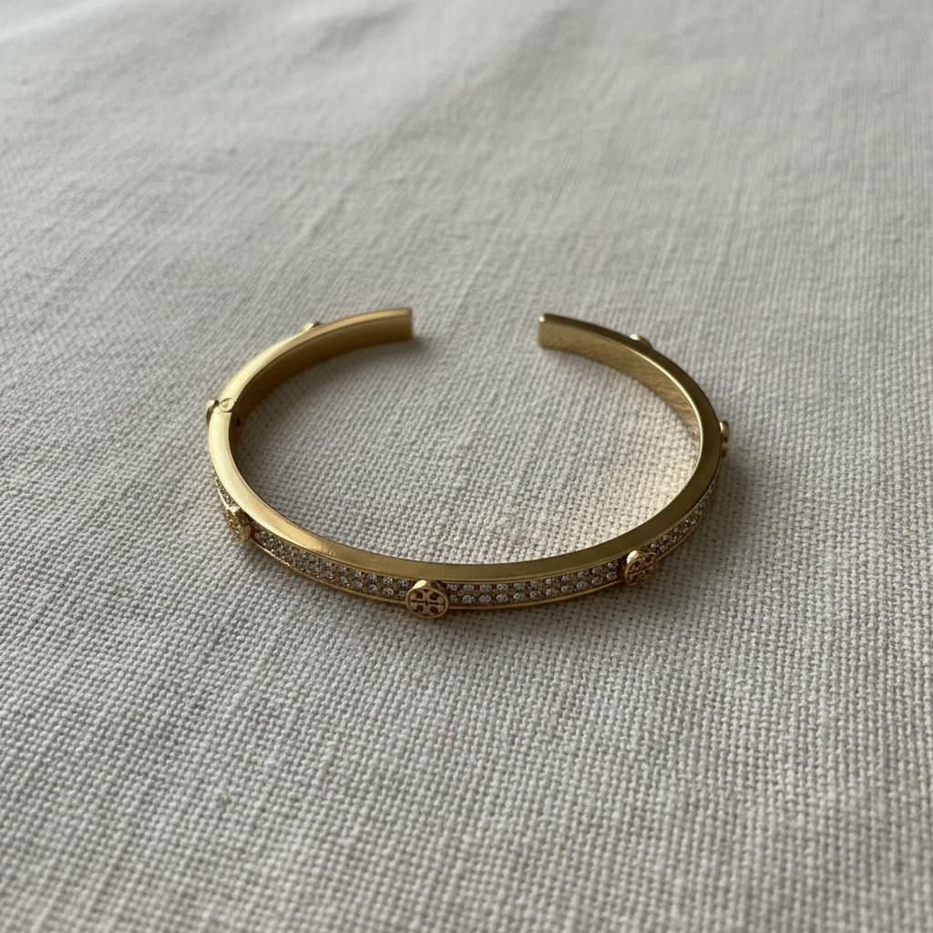 Tory Burch Icon Pavé Cuff on cream linen