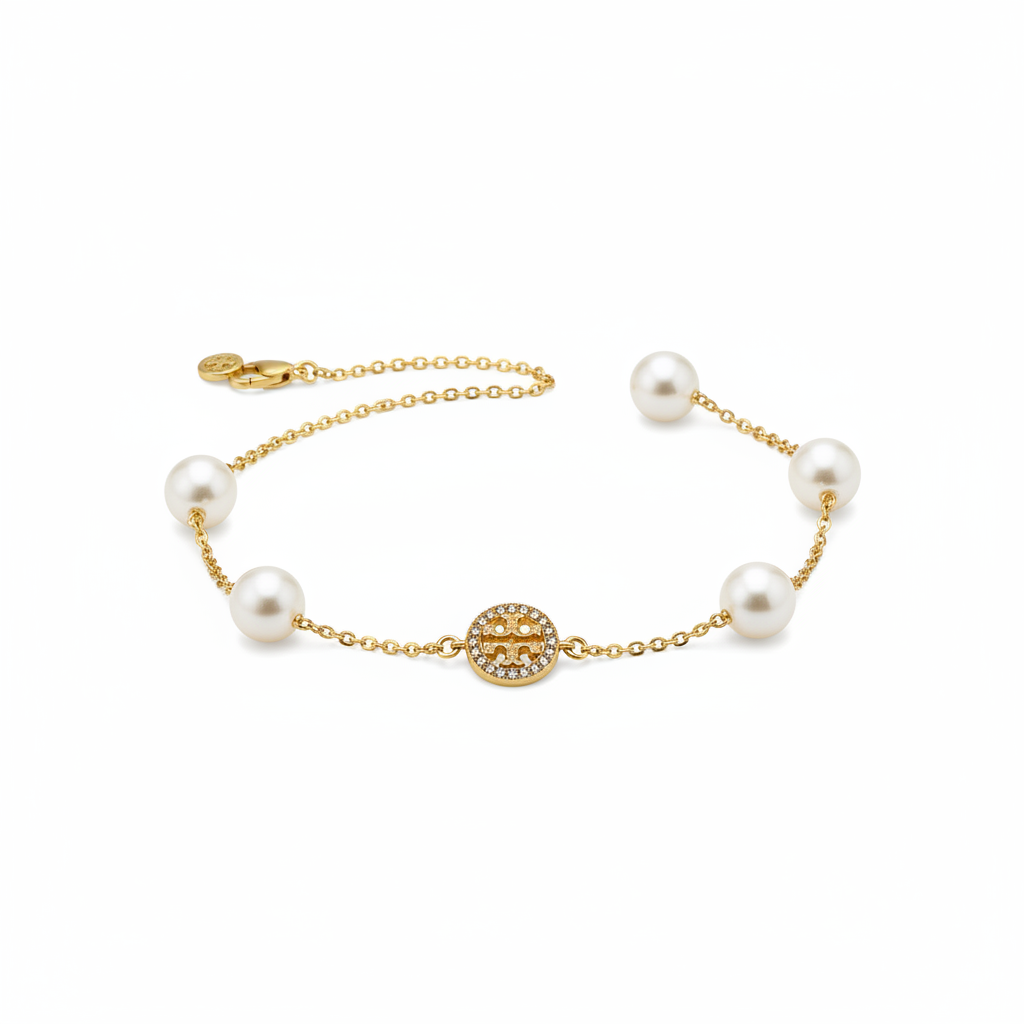 Tory Burch Miller Pavé Crystal Logo and Pearl Bracelet - clean product shot