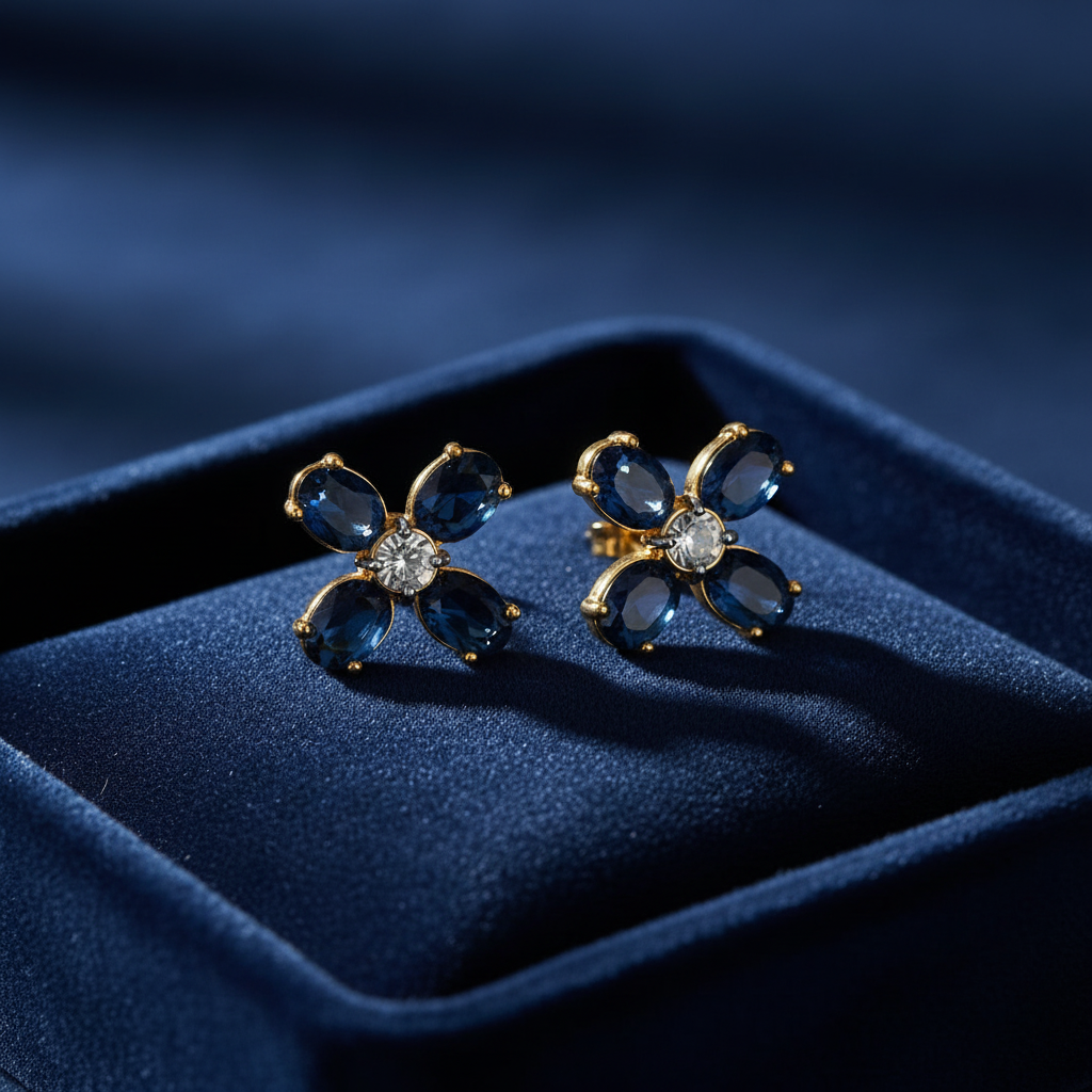 Tory Burch Buddy Clover Stud Earrings with Blue Crystal - navy velvet jewelry tray