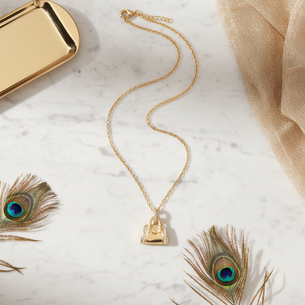 Kate Spade New York Goldtone Crystal Purse Hit the Town Pendant Necklace - marble flat lay