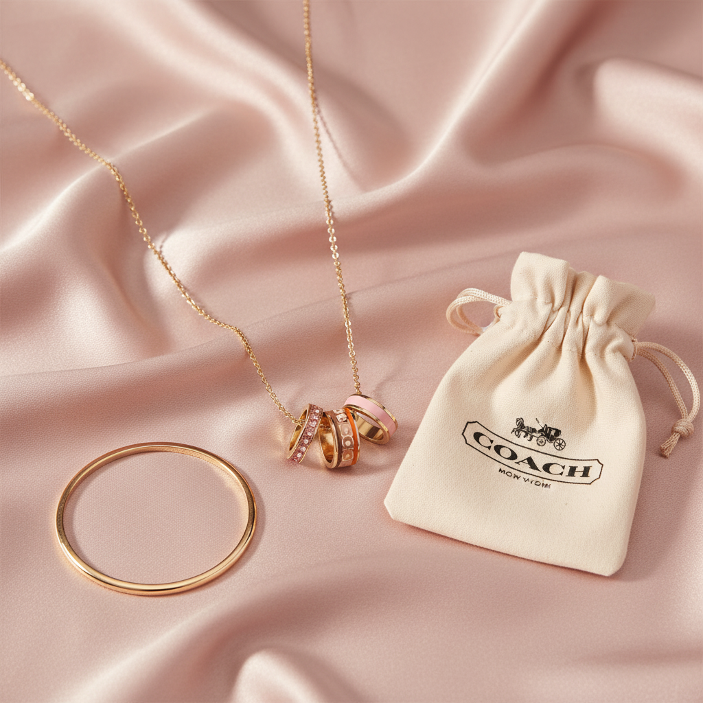 Coach Rondell enamel charm necklace styled flat lay