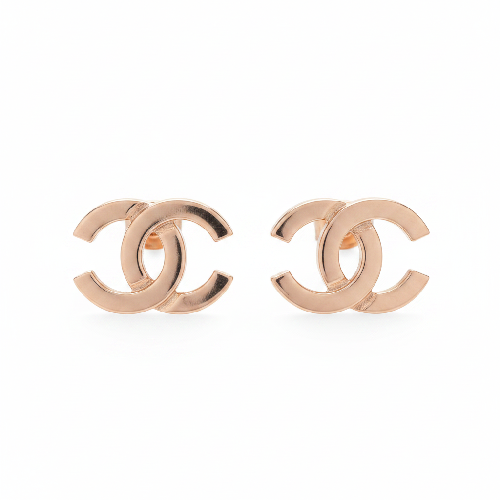 Chanel CC Stud Earrings in Rose Gold on white background