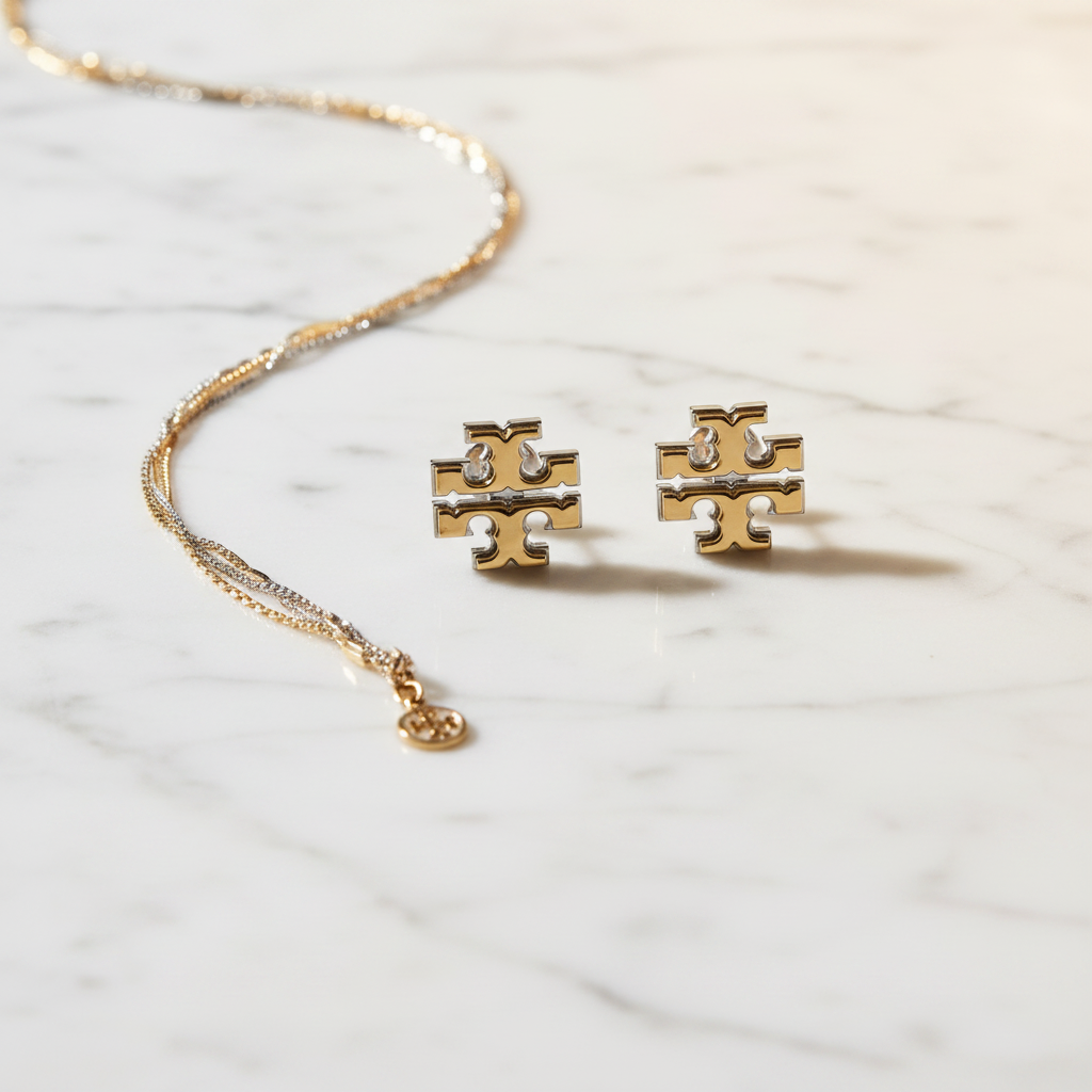 Tory Burch Two-Tone Logo Stud Earrings styled flat lay