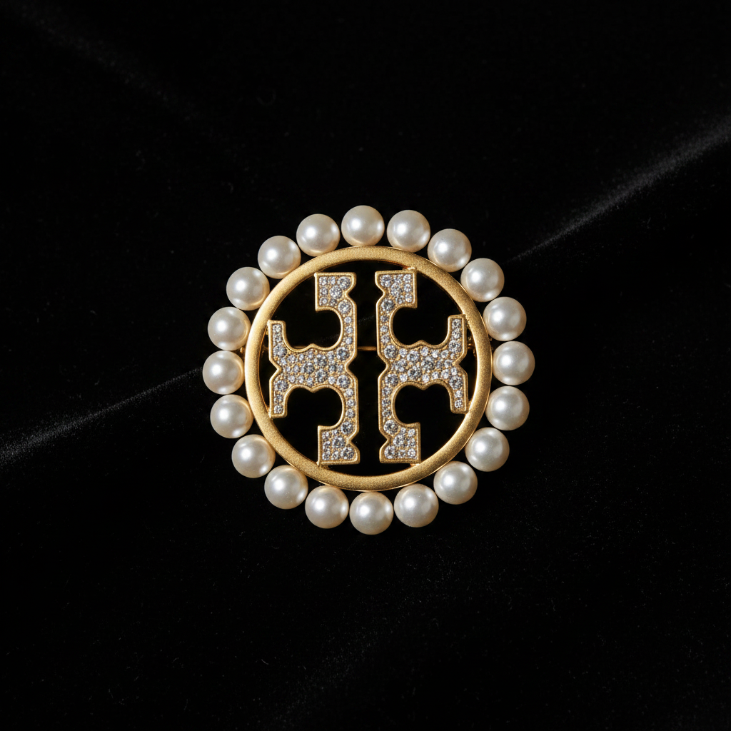 Tory Burch Miller Pearl Brooch moody close-up on black velvet