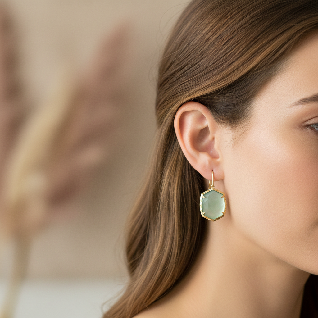 Kendra Scott Daphne Gold Drop Earrings in Light Green Mother of Pearl – lifestyle on ear