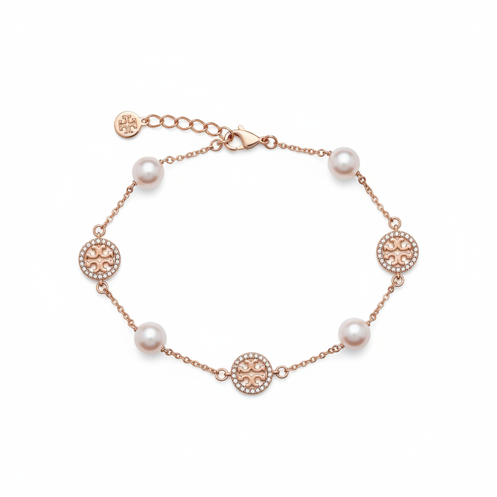 Tory Burch Pearl & Pave Crystal Bracelet in Rose Gold - clean product shot