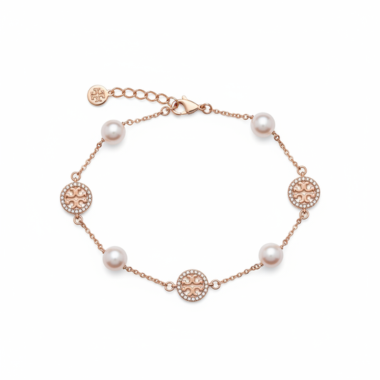 Tory Burch Pearl & Pave Crystal Bracelet in Rose Gold - clean product shot