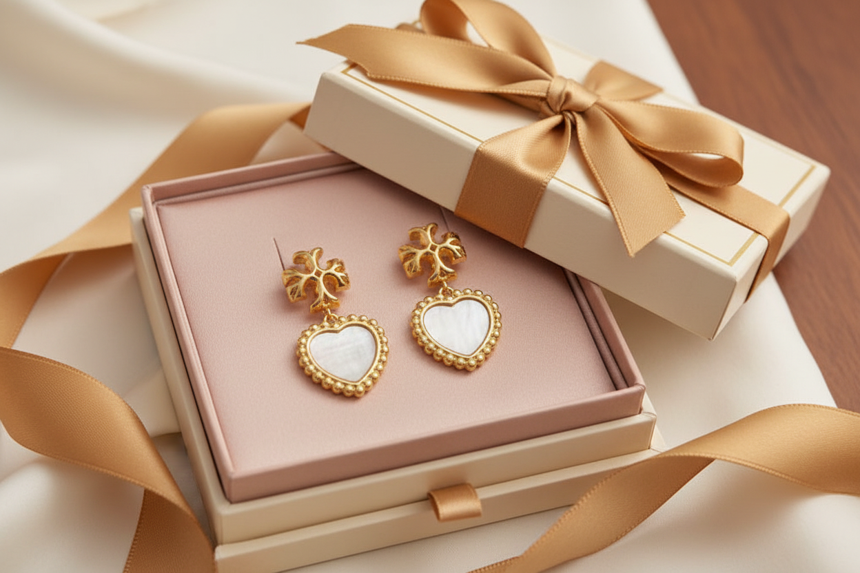 Tory Burch Roxanne Heart Drop Mother of Pearl Earrings - blush satin gift box