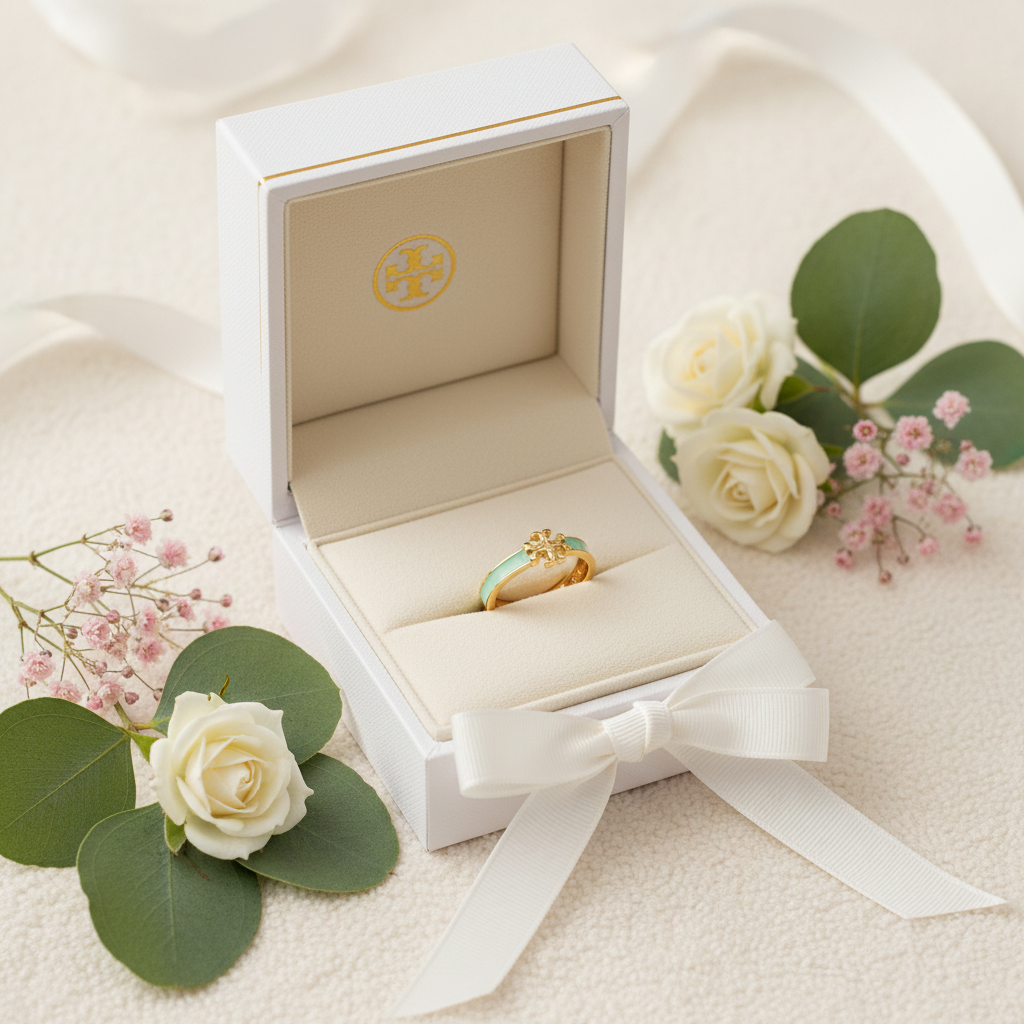 Tory Burch Kira Enamel Ring in Gold and Mint - luxury gift box