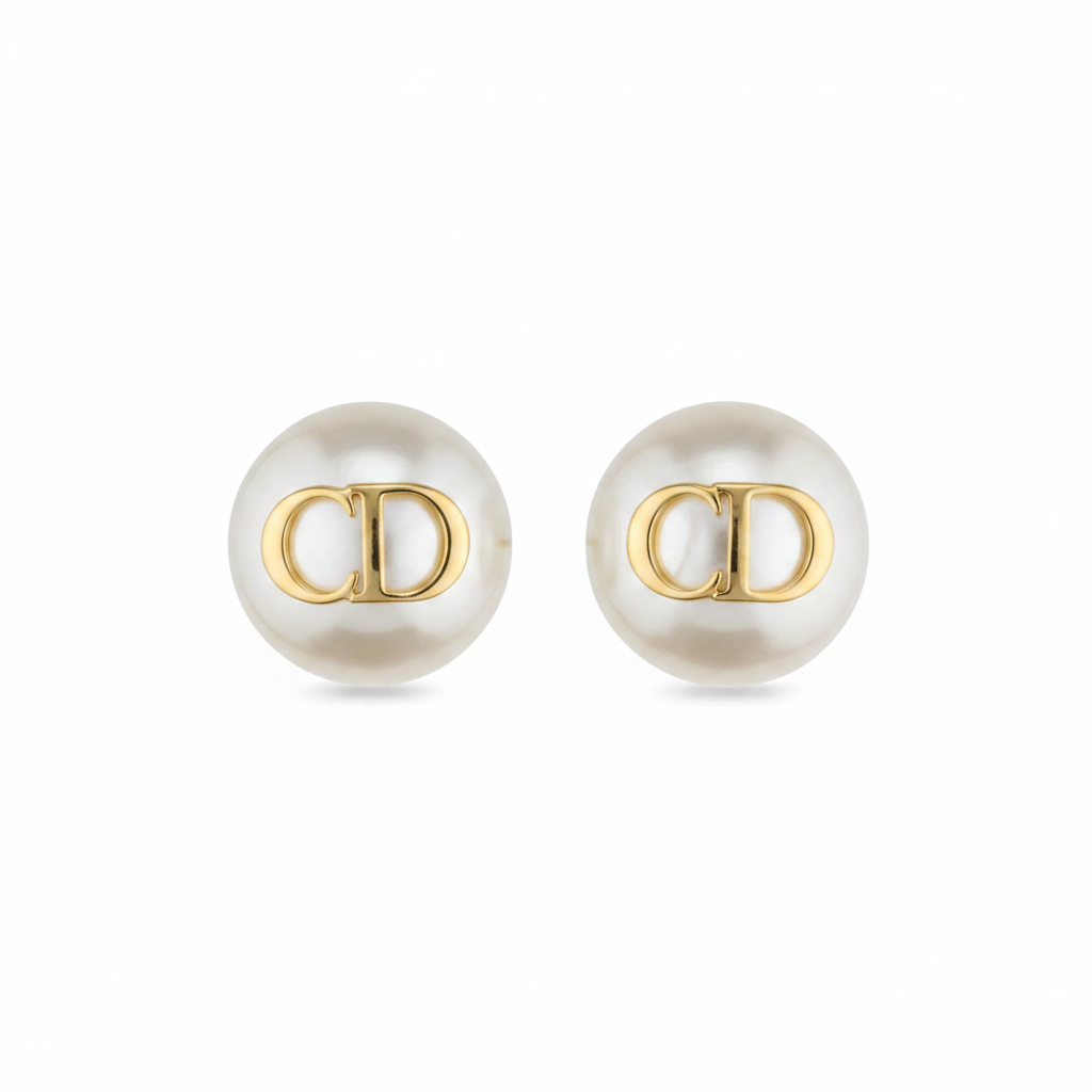 Christian Dior Large White Resin Pearl CD Logo Earrings on white background