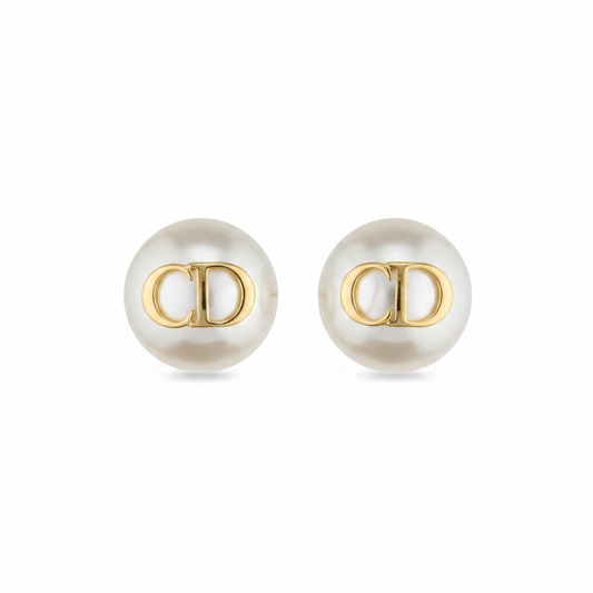 Christian Dior Large White Resin Pearl CD Logo Earrings on white background