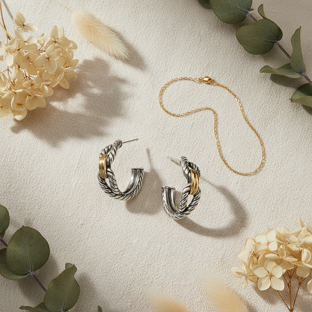 David Yurman Cable Loop Hoop Earrings - Cream Linen Flat Lay