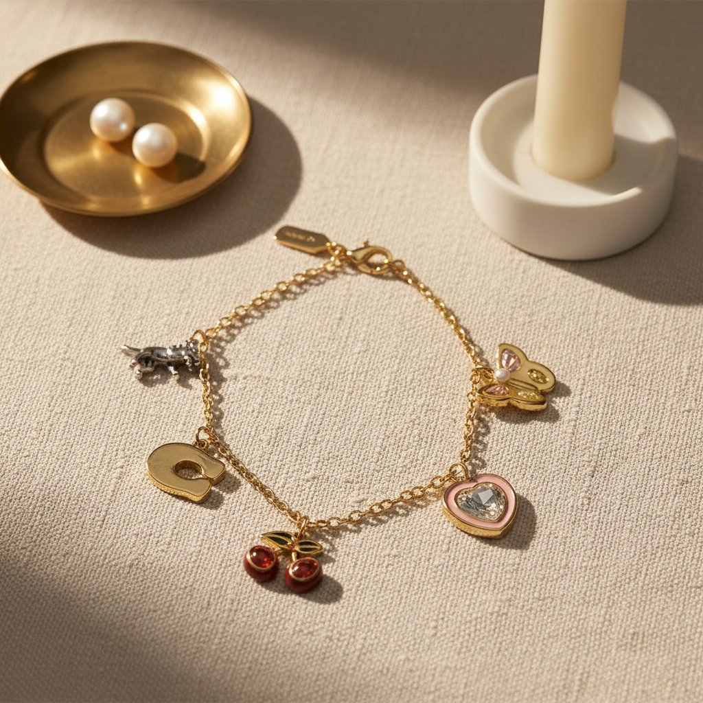Coach Cherry Mixed Charm Bracelet - Cream Linen Flat Lay