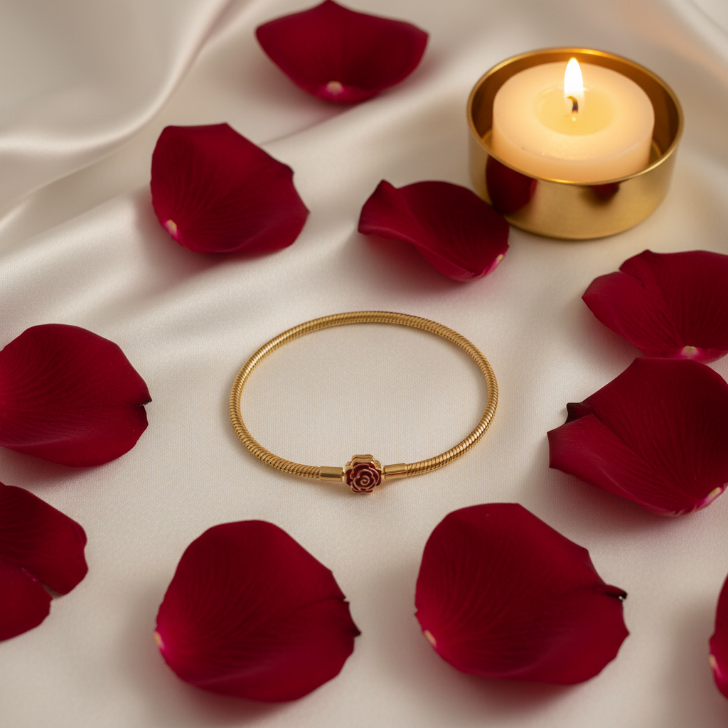 Disney x Pandora Enchanted Rose Bracelet rose petal flat lay – lifestyle editorial
