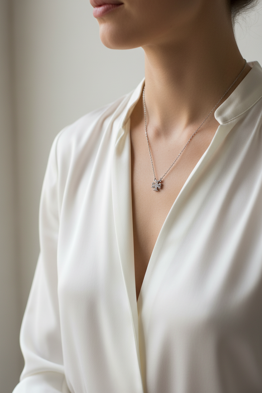 Tory Burch Kira Pave Necklace worn over white silk blouse