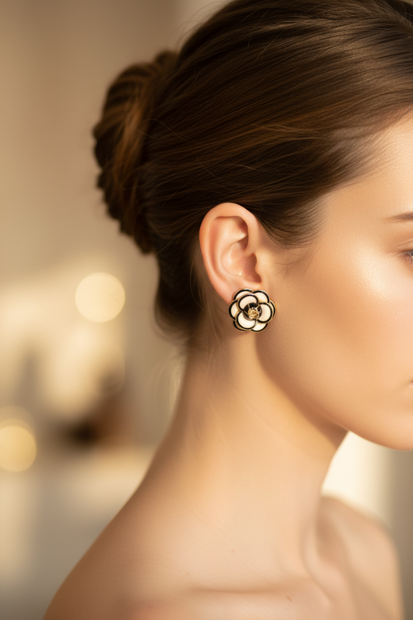 Chanel Enamel Camellia CC Logo Earrings close-up on ear