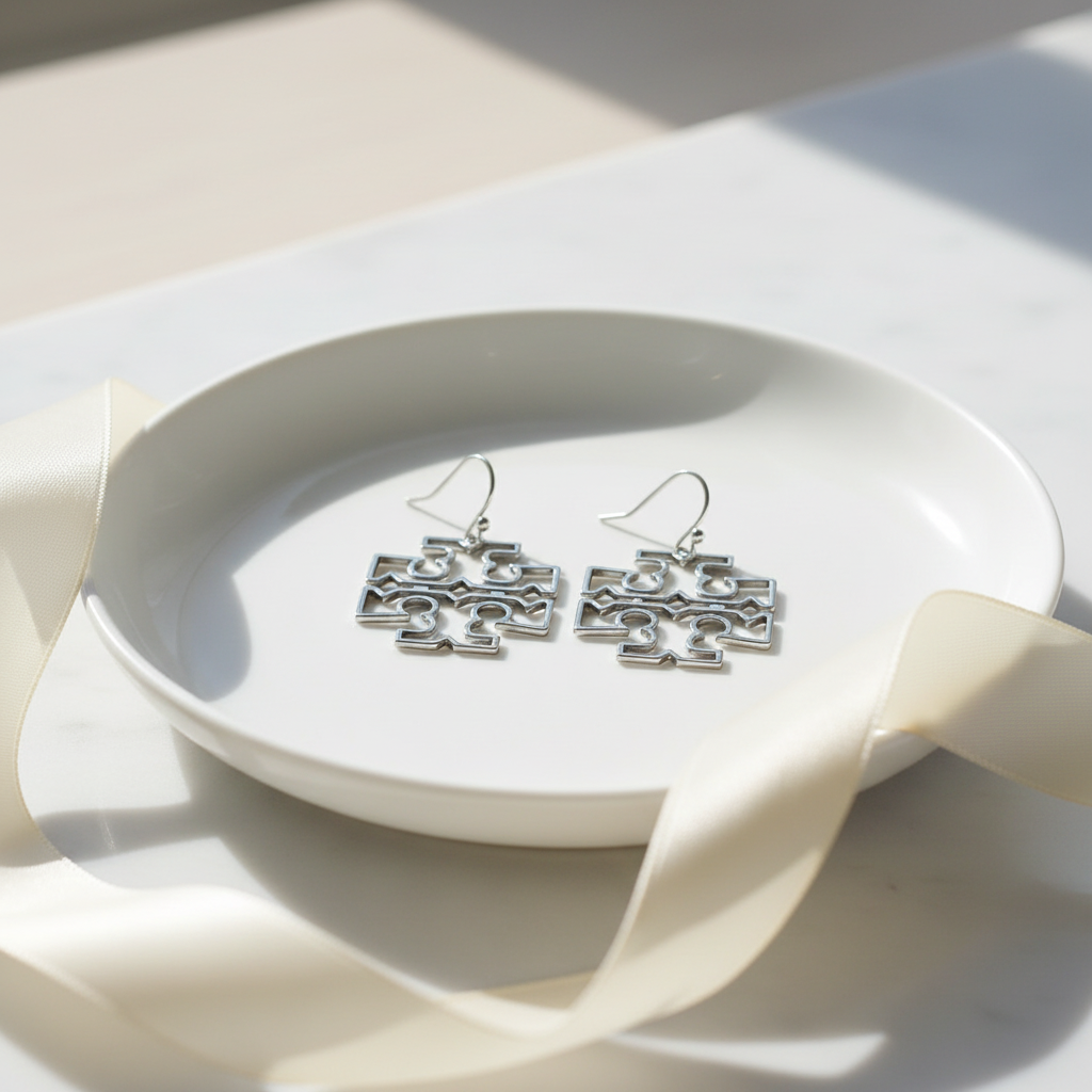 Tory Burch Britten silver drop earrings on ceramic dish lifestyle