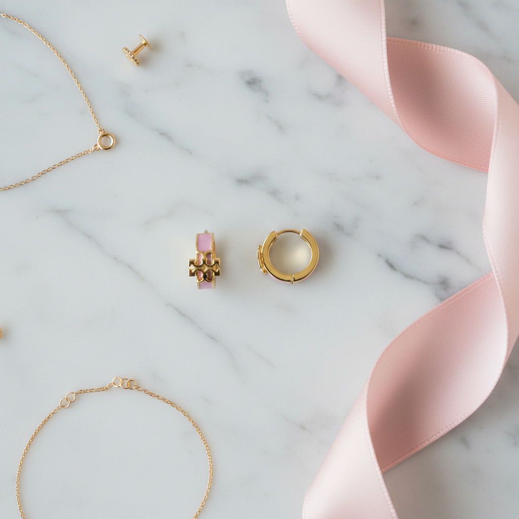 Tory Burch Kira Enamel Huggie Earrings in Gold/Mineral Pink - marble flat lay with pink ribbon