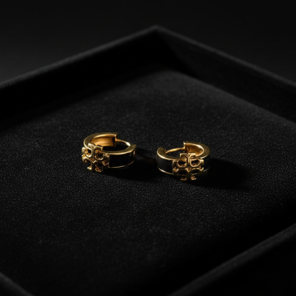 Tory Burch Icon Enamel Hoop Earrings in Black/Gold - black velvet jewelry tray