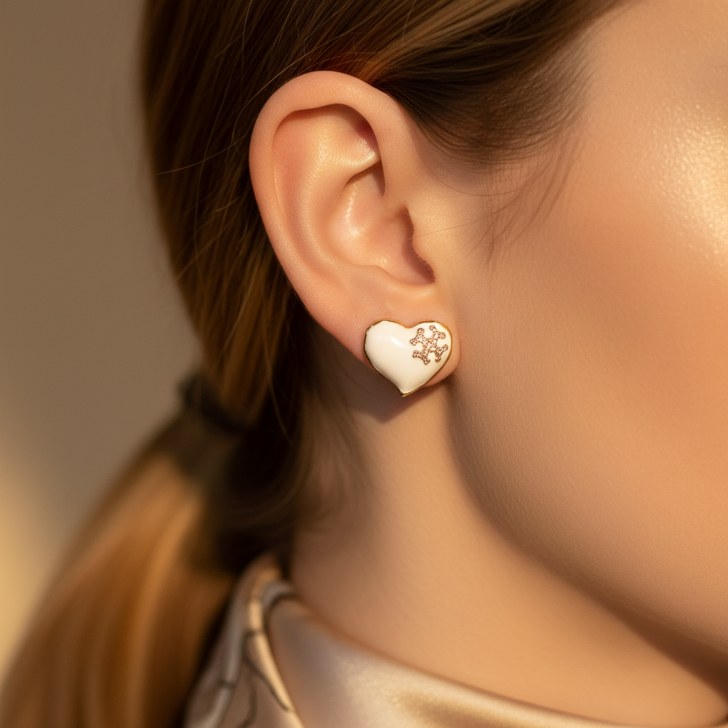 Tory Burch Kira Heart White Enamel Earrings - Worn on Model