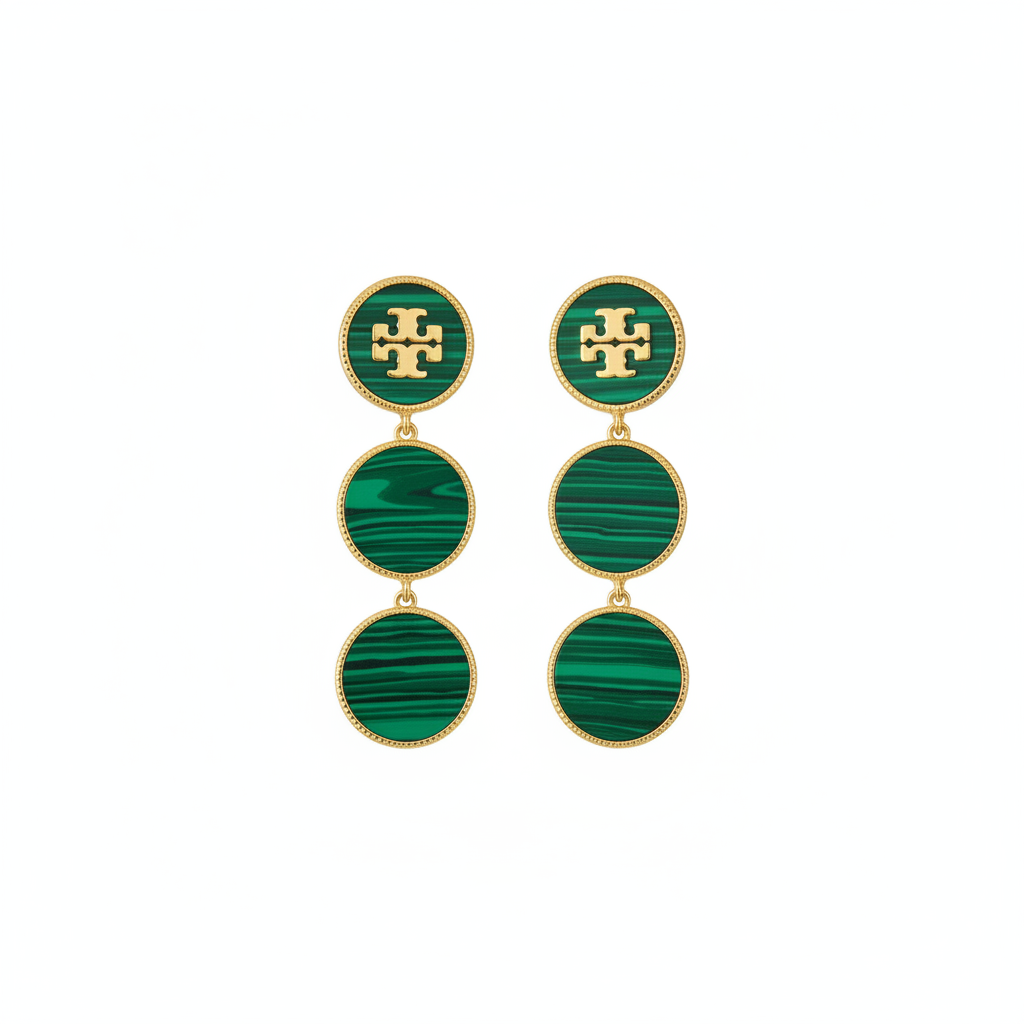 Tory Burch Malachite Green and Gold Plated Dangle Logo Earrings
