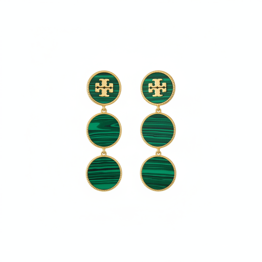 Tory Burch Malachite Green and Gold Plated Dangle Logo Earrings