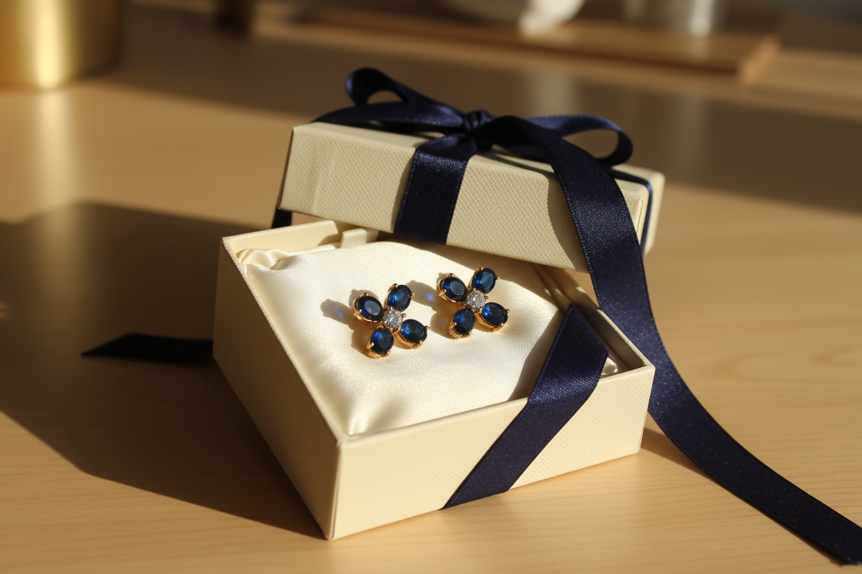 Tory Burch Buddy Clover Stud Earrings with Blue Crystal - cream satin gift box with navy ribbon