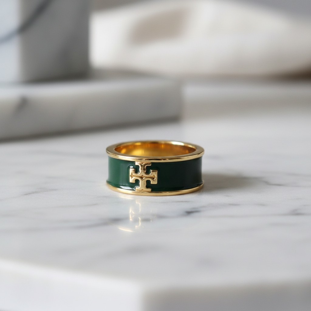 Tory Burch Kira Green & Gold Enamel Ring - marble surface