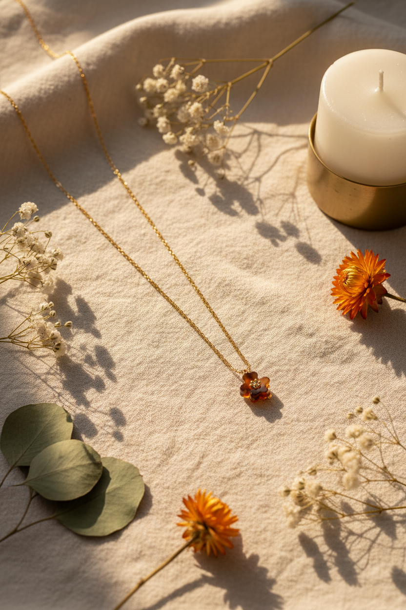 Tory Burch tortoiseshell resin flower pendant necklace styled with flowers and candle